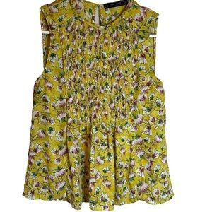 Zara smocked yellow floral high neck tank sleeveless‎ blouse size XS